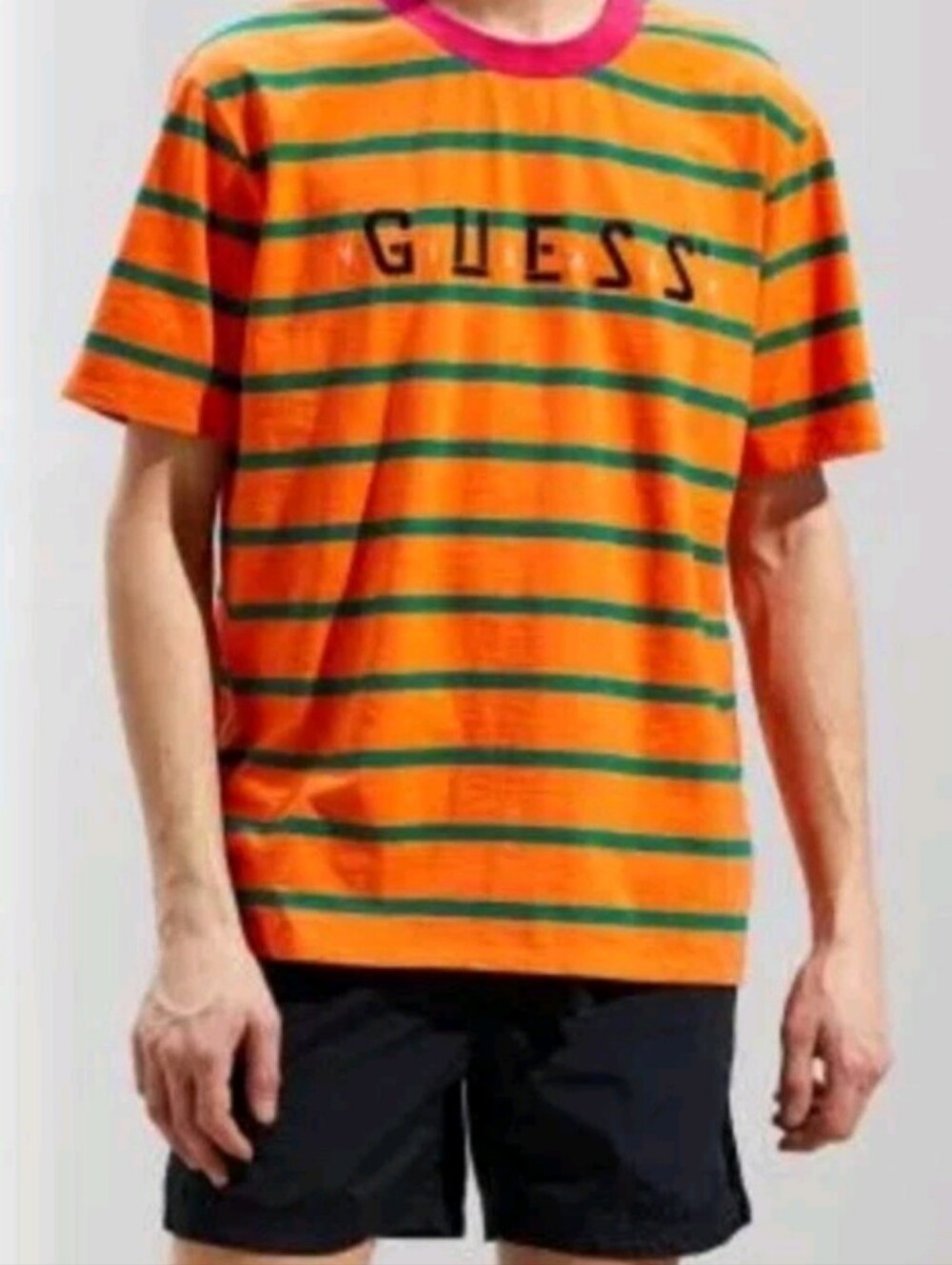 Guess Originals x J Balvin Orange & Green Striped Logo T Shirt